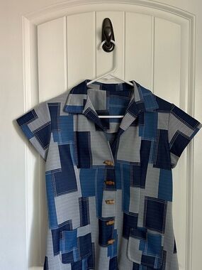 Vintage Blue Patchwork Short Sleeve Top Blouse Toggle Buttons